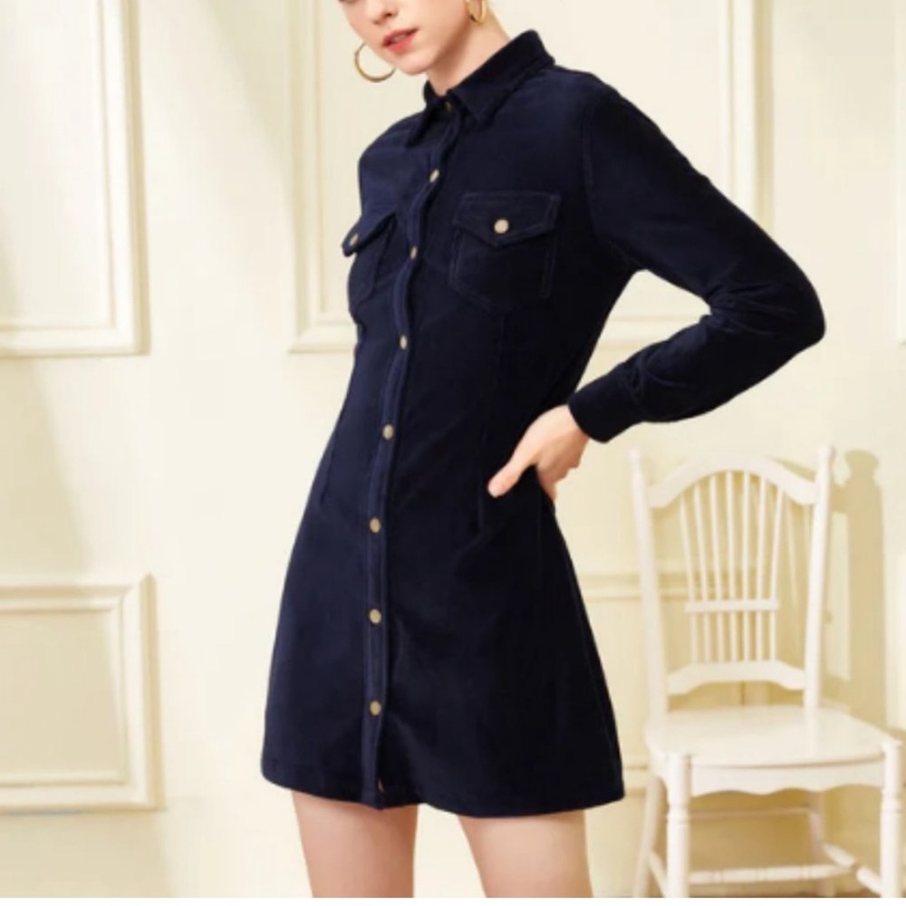 ~Julie Brown  NYC Long Sleeve Velvet Like Navy Blue Shirt Dress  Size Small